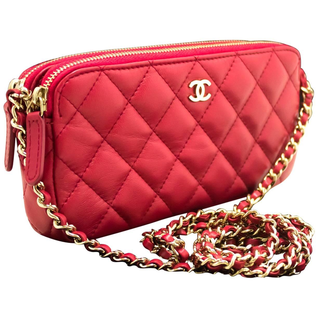CHANEL Red Wallet On Chain WOC Double Zip Chain Shoulder Bag