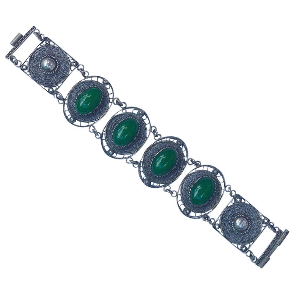 Art Deco Chinese Silver Filigree and Green Glass Jade Link Bracelet