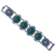 Art Deco Chinese Silver Filigree and Green Glass Jade Link Bracelet