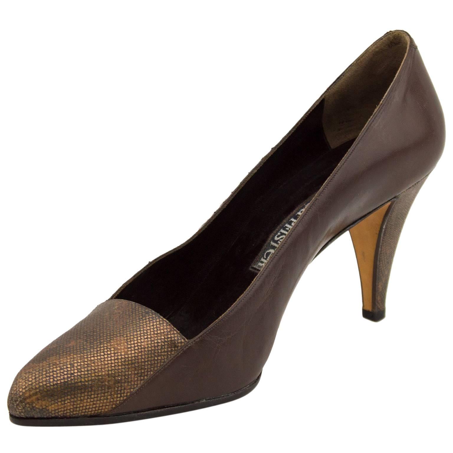 1980s Andrea Pfister Bronze and Brown Pumps Never Worn For Sale