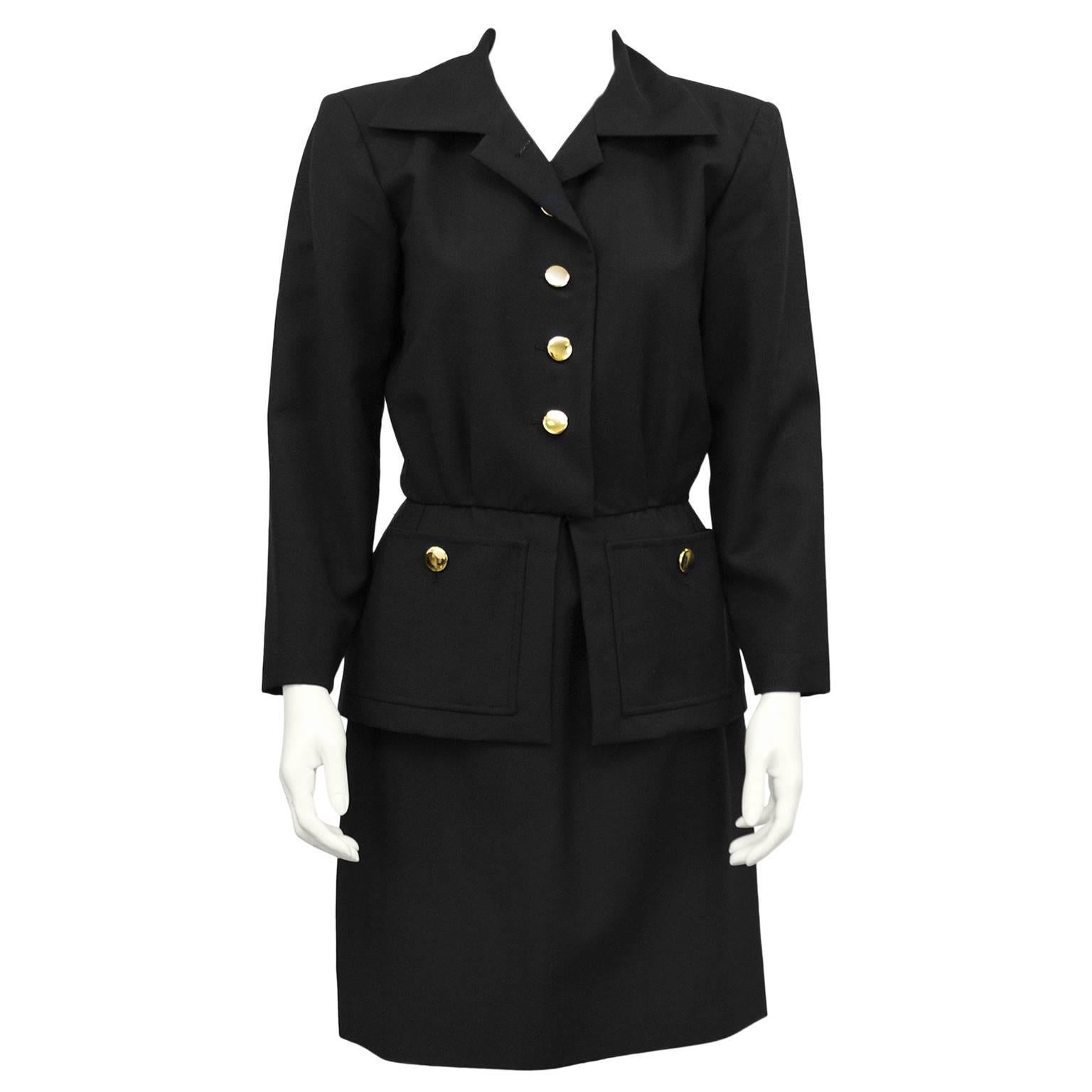 1980s Yves Saint Laurent/YSL Black Skirt Suit with Peplum For Sale