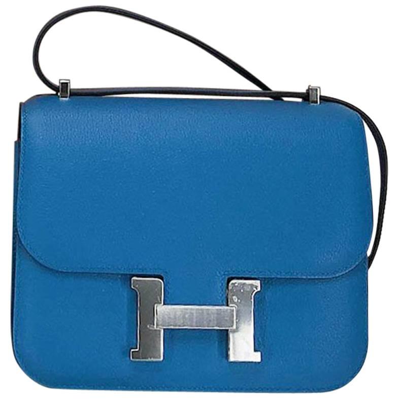 Hermes Cross body Handbag Constance 18 in Bleu Zanzibar with Palladium Hardware For Sale