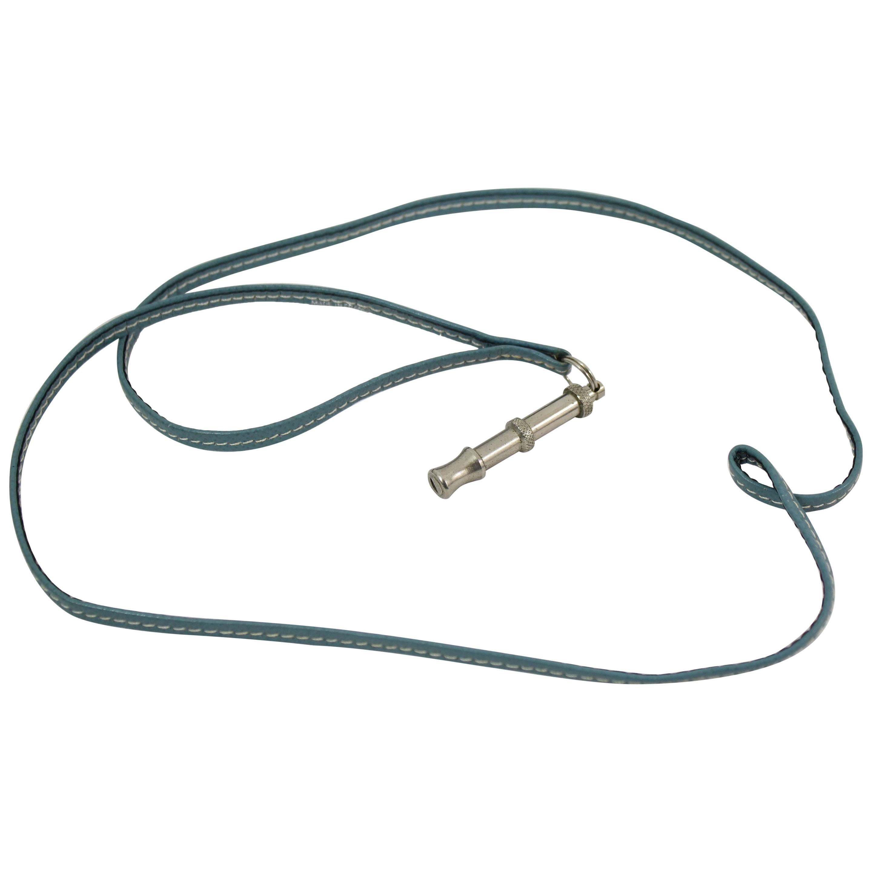Hermes Silver Dog Whistle Necklace with blu leather For Sale