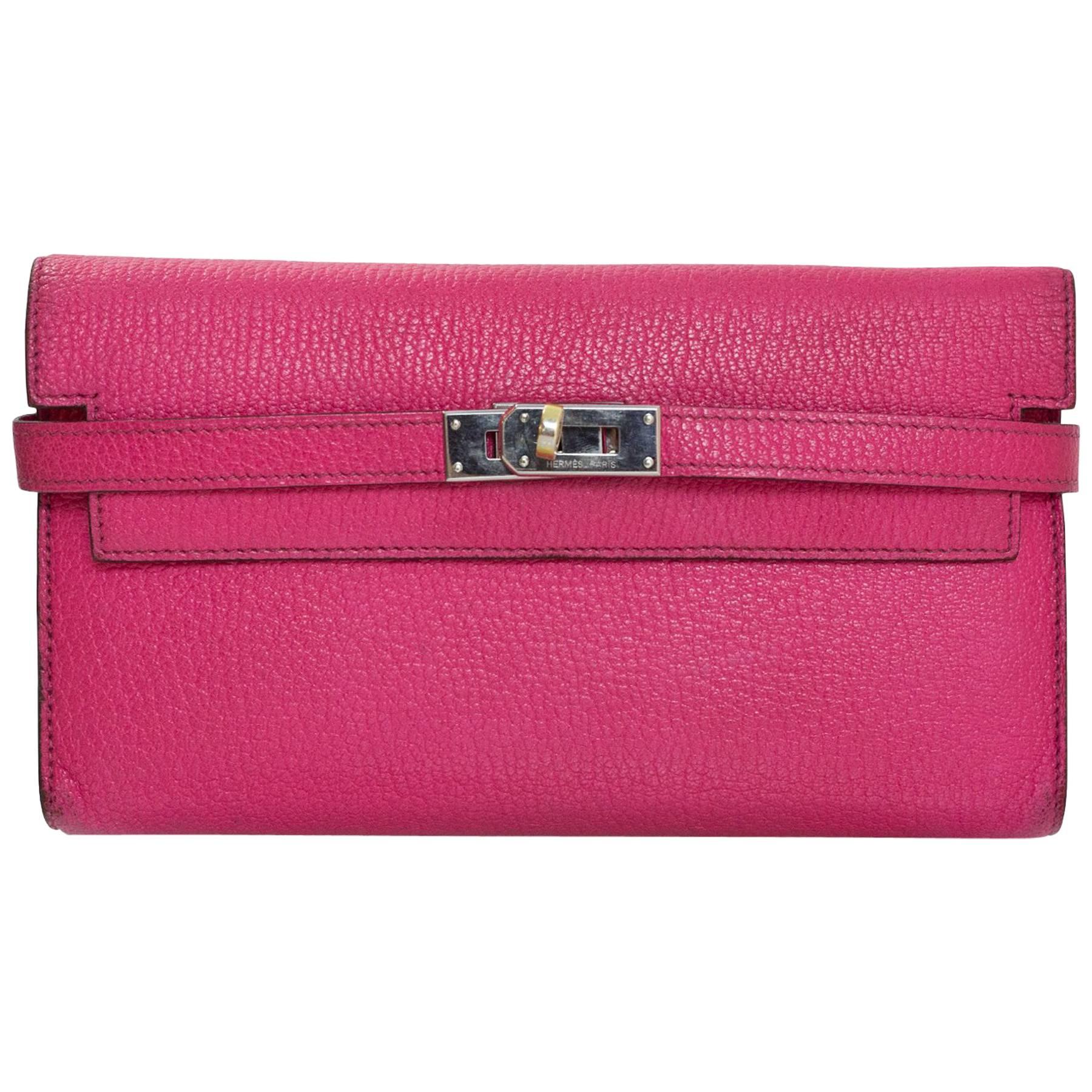 Hermes Rose Tyrien Bright Pink Chevre Mysore Leather Kelly Longue Wallet