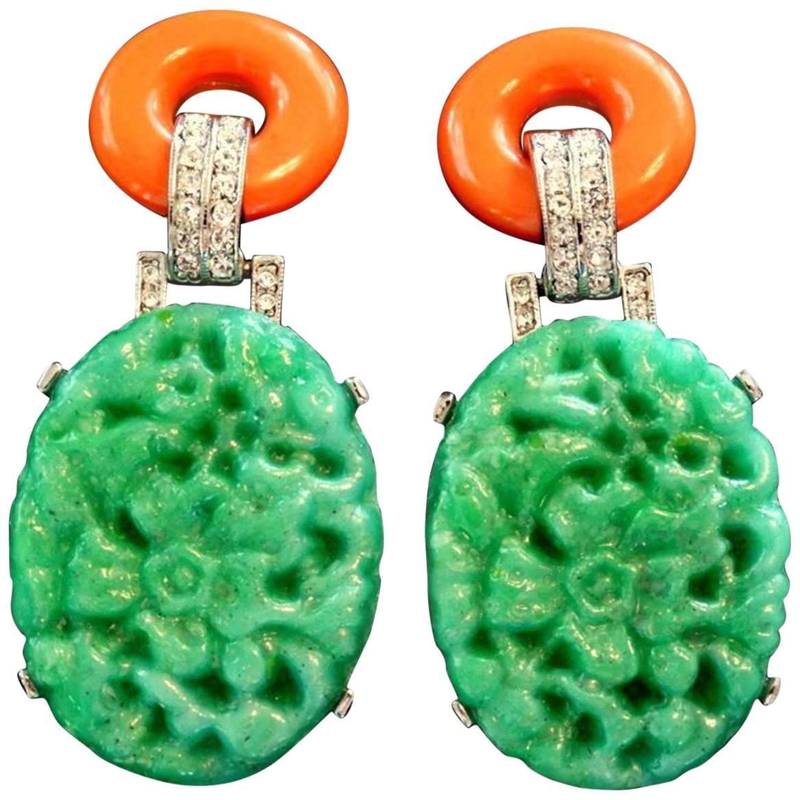 Signed Kenneth Lane KJL Carved Faux Jade and Coral Earrings For Sale