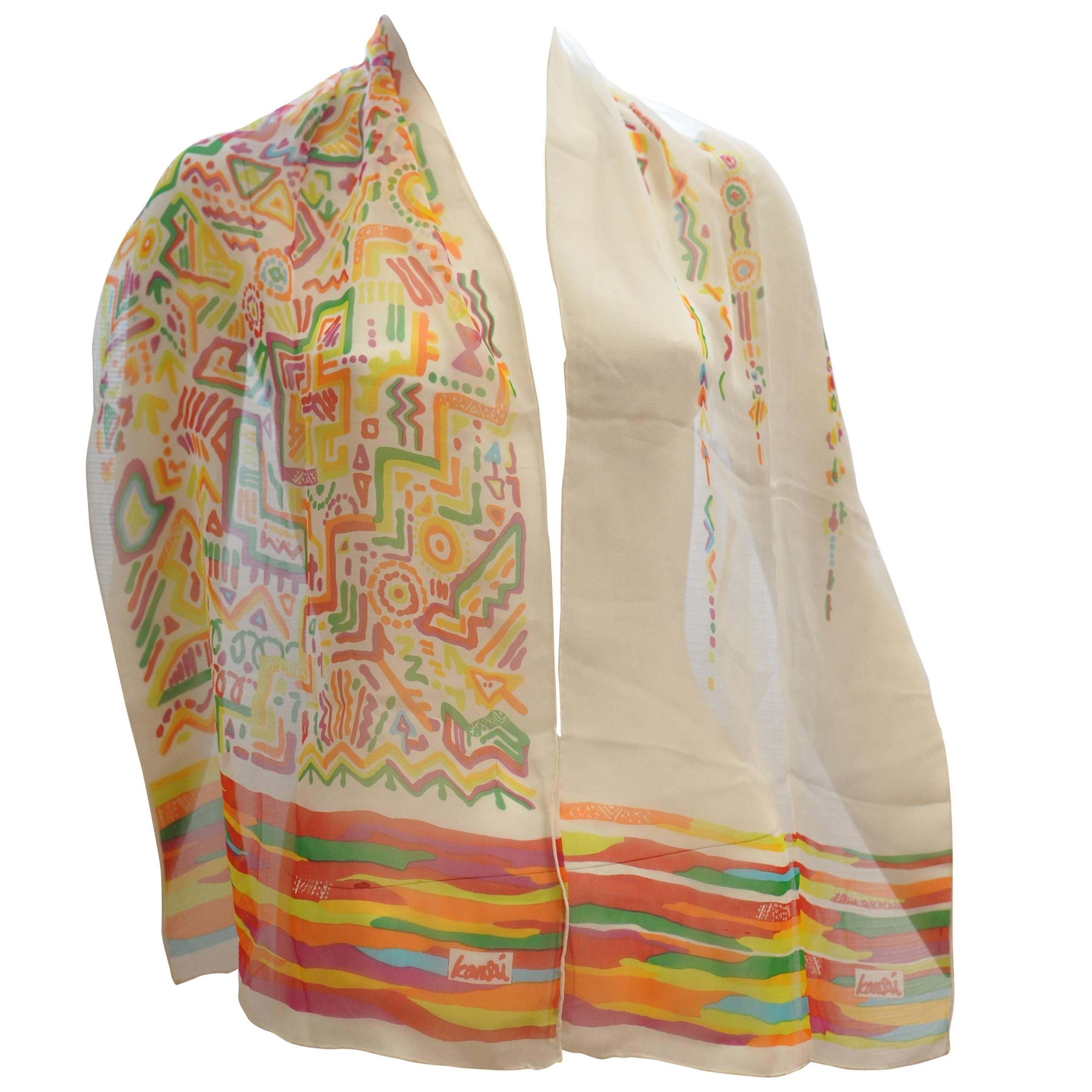 Kansai Yamamoto  Colorful Abstract Print Silk Chiffon Vintage Shawl 58" x 30"