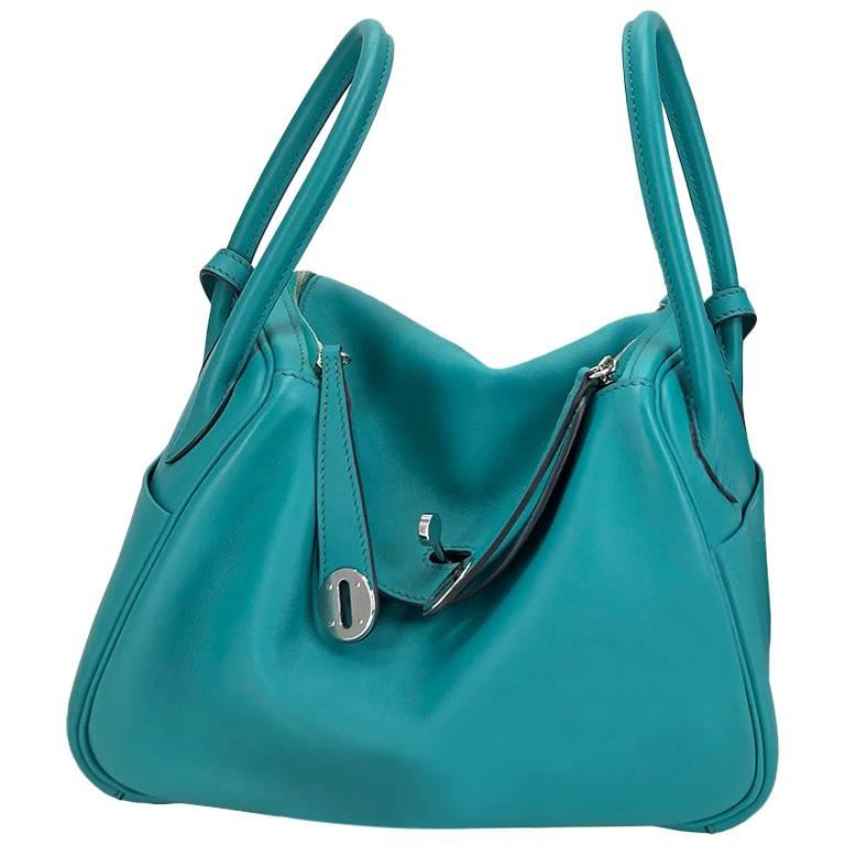 Hermes Handbag Lindy 26 in Blue Lagoon Turquoise Swift Leather with Palladium hw For Sale