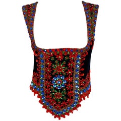 Vintage 1960's Colorful Jeweled Beaded Metallic Lace Velvet Bohemian Hippie Vest Bodice
