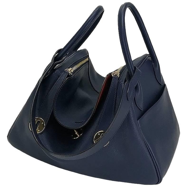 Hermes Handbag Lindy 30 Blue Nuit with Rouge Tomate Interior Gold Hardware (ghw) For Sale
