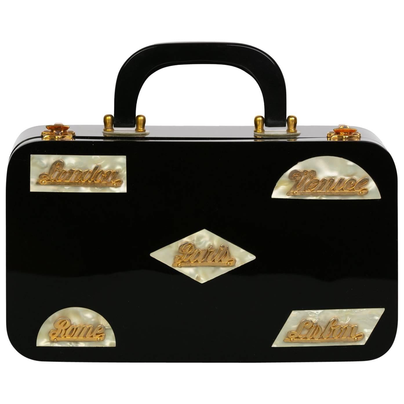 Wilardy Black Lucite Mother of Pearl and Gold Travel Destination Bag, 1950s 