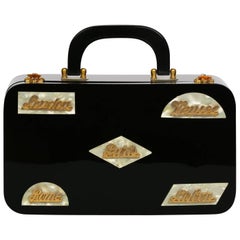 Retro Wilardy Black Lucite Mother of Pearl and Gold Travel Destination Bag, 1950s 