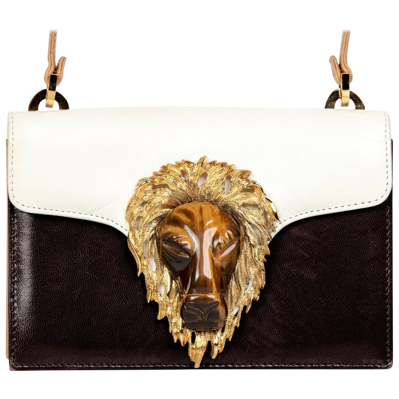 1970s Valentino Tiger's Eye Lion Head Gold Brown Ivory Shoulder Bag