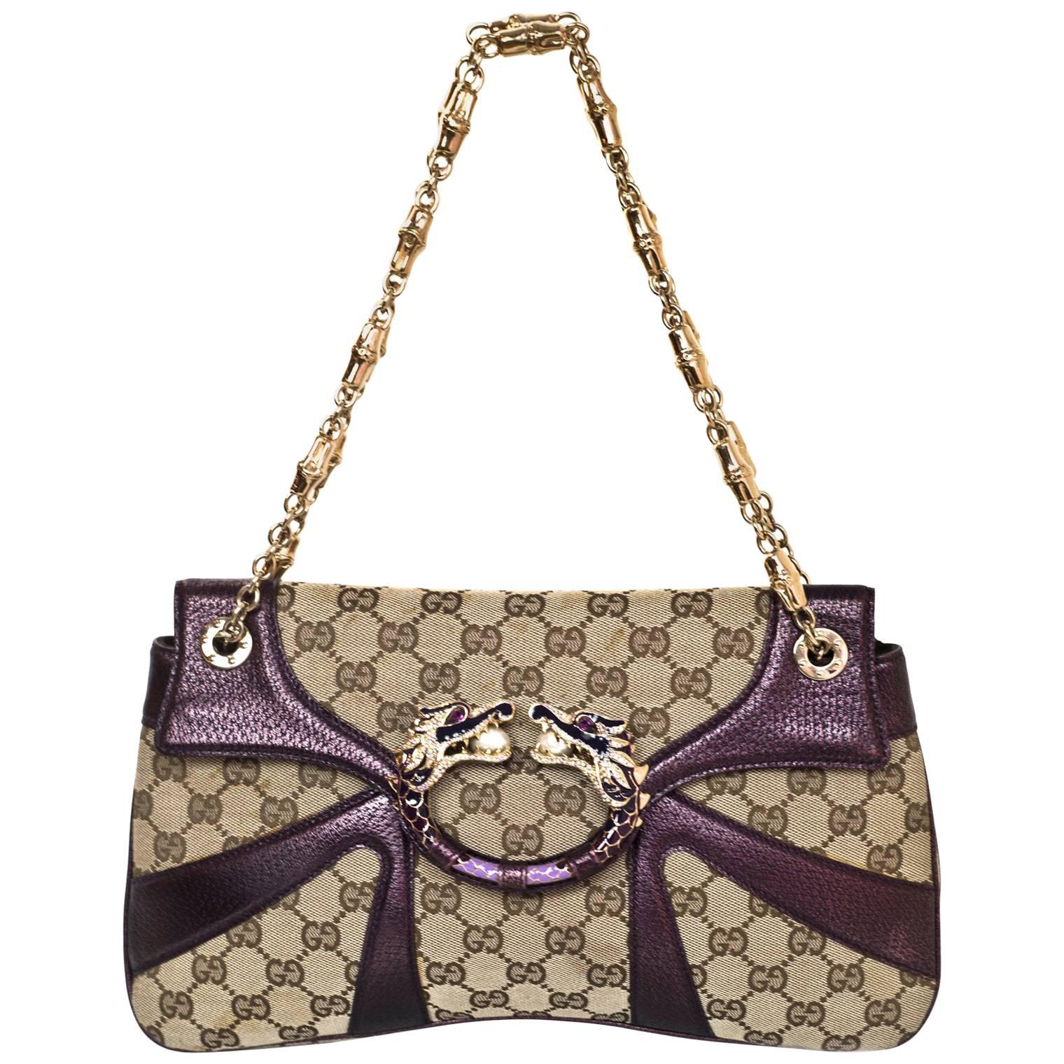 Gucci Beige GG Canvas & Purple Leather Tom Ford Dragon Shoulder Bag w. Dust Bag