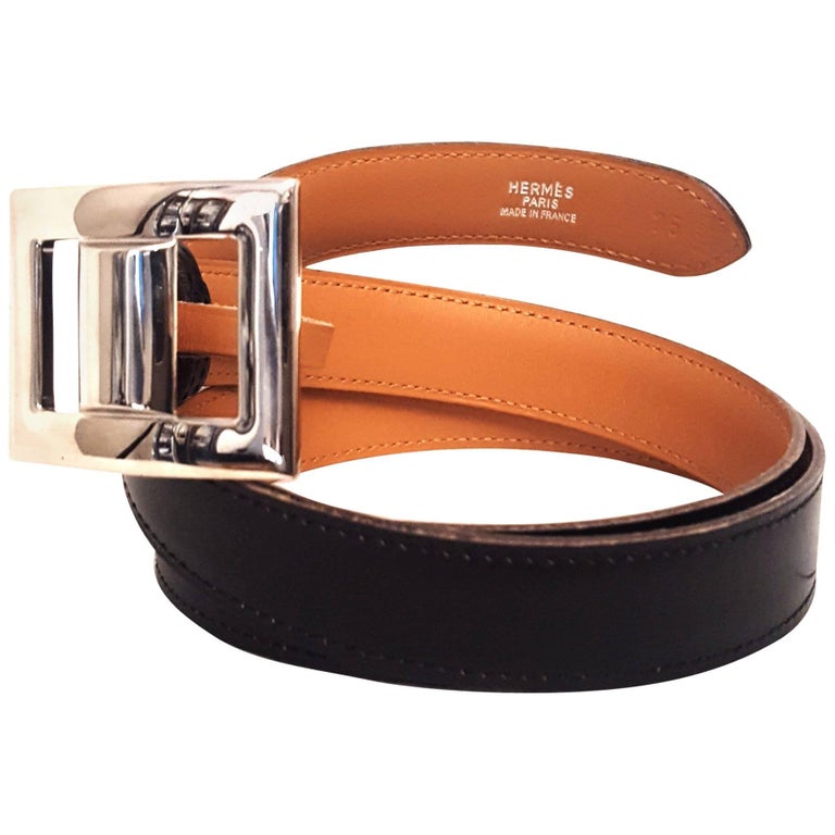 Hermes Vintage Black Box Leather Belt Adjustable Buckle Without Post Silvertone For Sale at 1stDibs