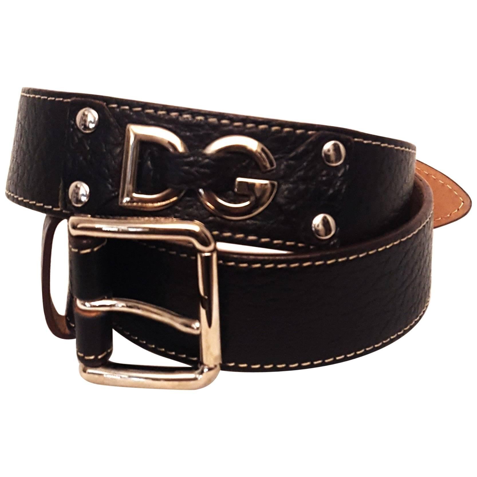 Dolce & Gabbana Black Pebbled Leather Belt  Logo on Belt and Silver Tone Buckle  For Sale
