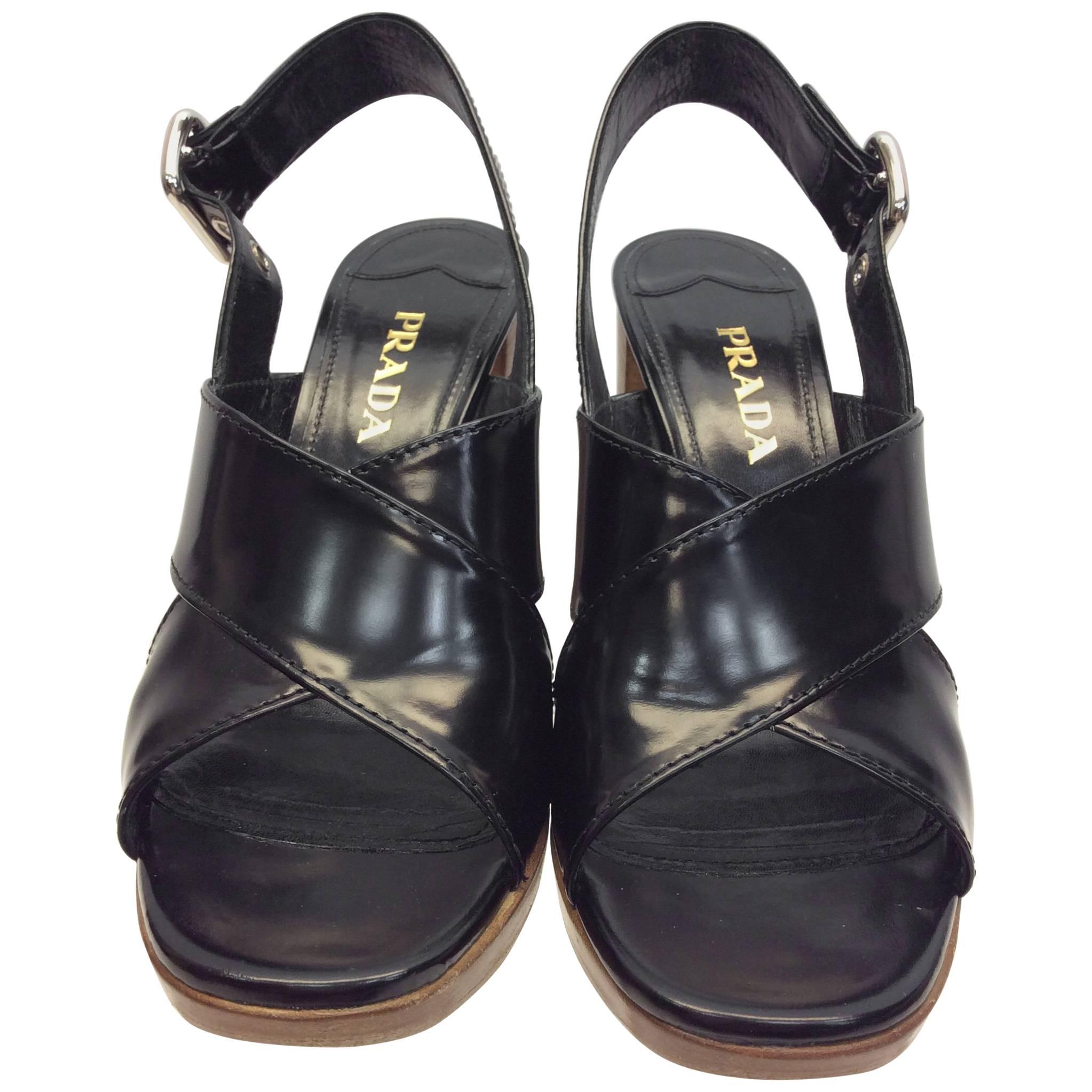 Prada Black Leather Heeled Sandal For Sale