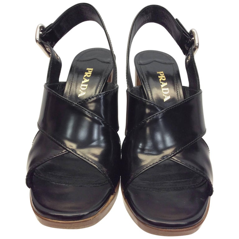 Prada Black Leather Heeled Sandal For Sale at 1stdibs