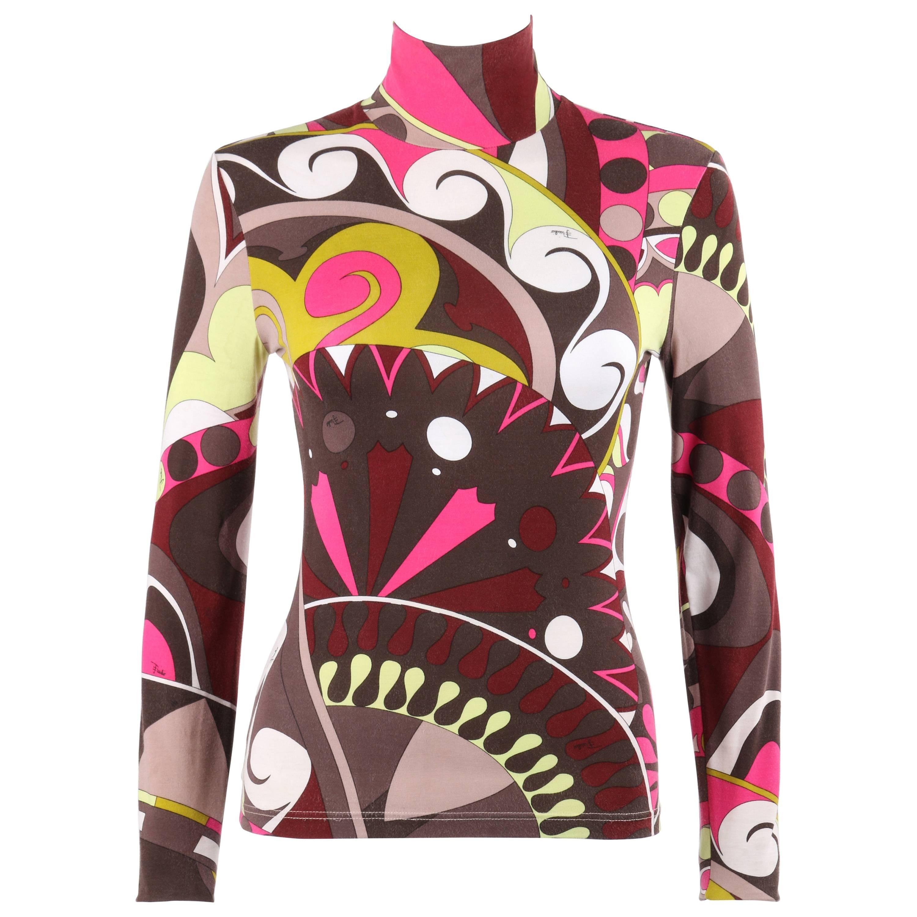 EMILIO PUCCI Brown Multicolor Op Art Signature Print Jersey Knit Turtleneck Top