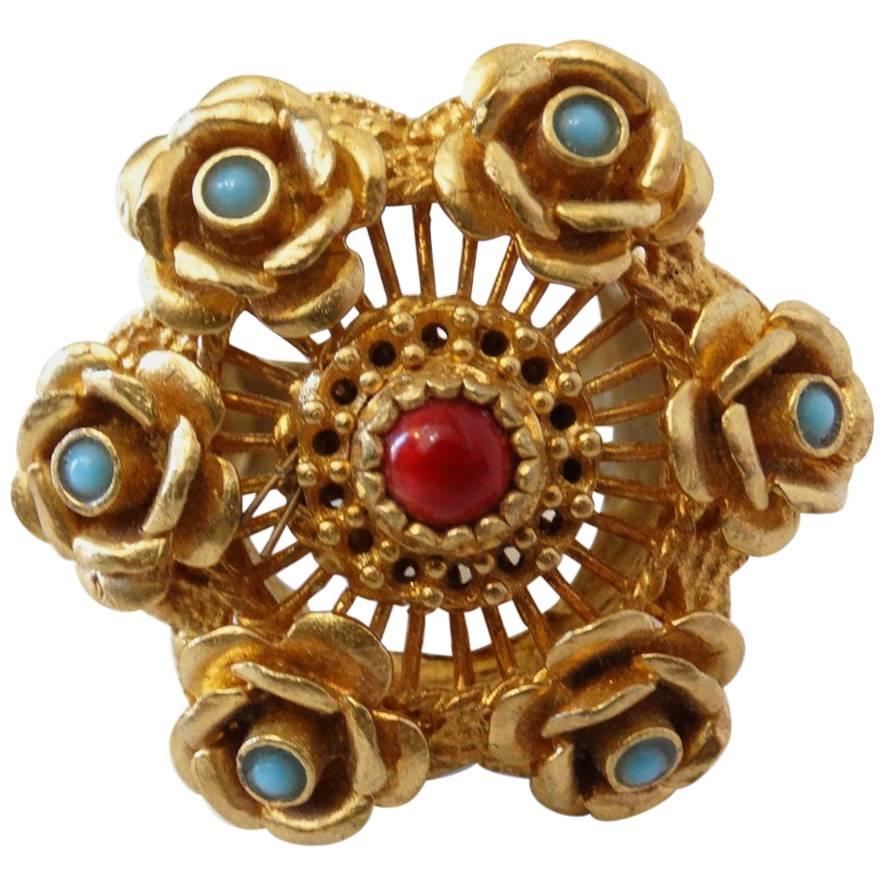 Turkish Vermeil Coral and Turquoise Cocktail Ring