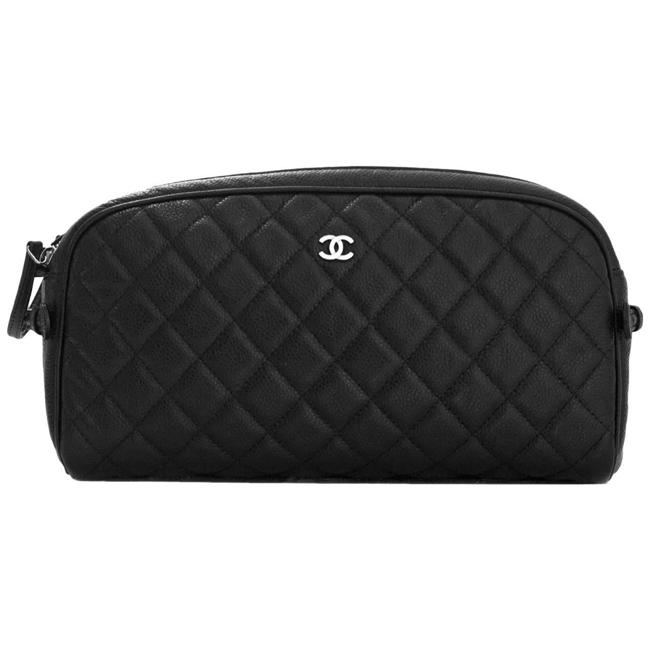 Chanel Black Caviar Leather Double Zip Cosmetic / Toiletry Case Bag