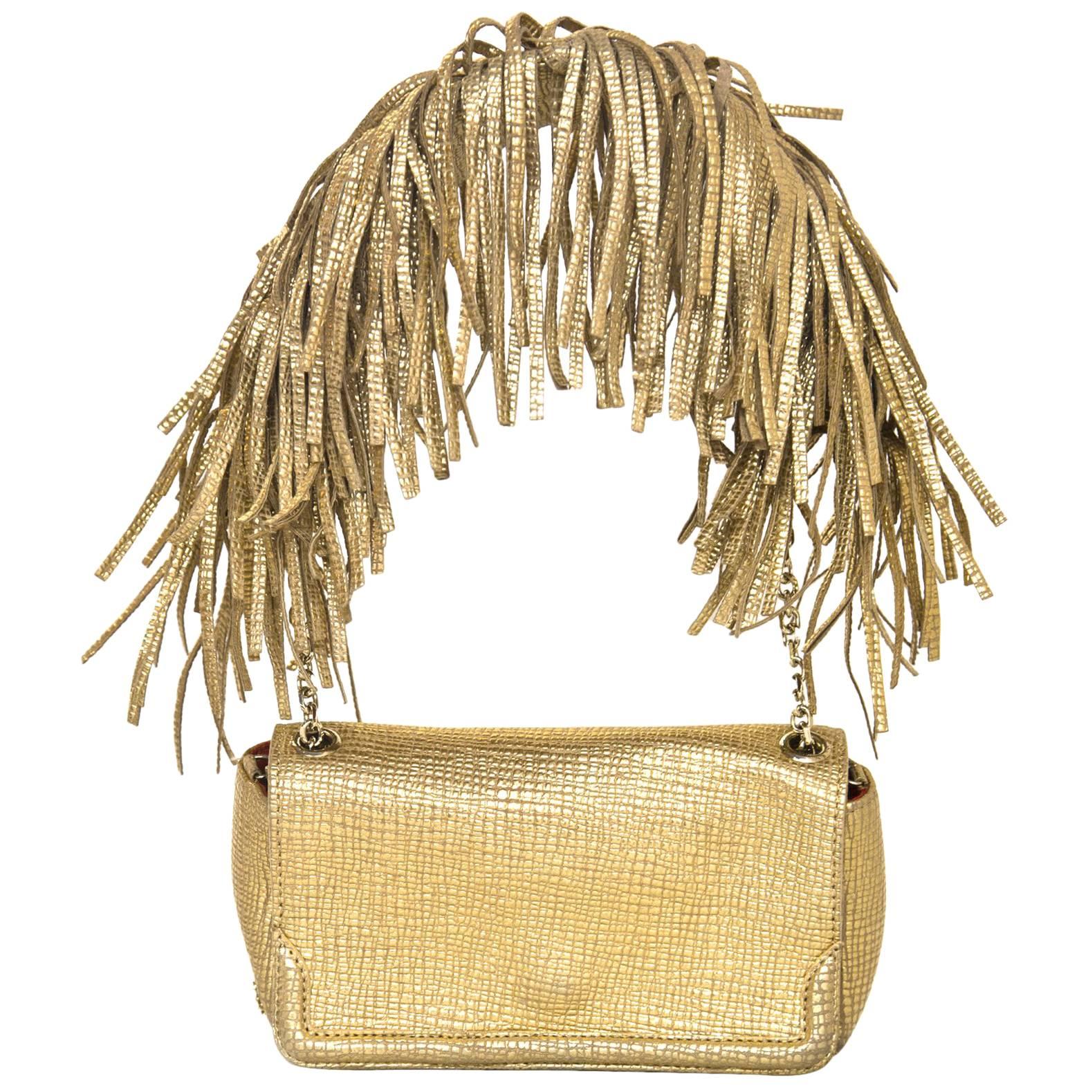 Christian Louboutin Gold Artemis Fringe Shoulder Bag w. Dust Bag