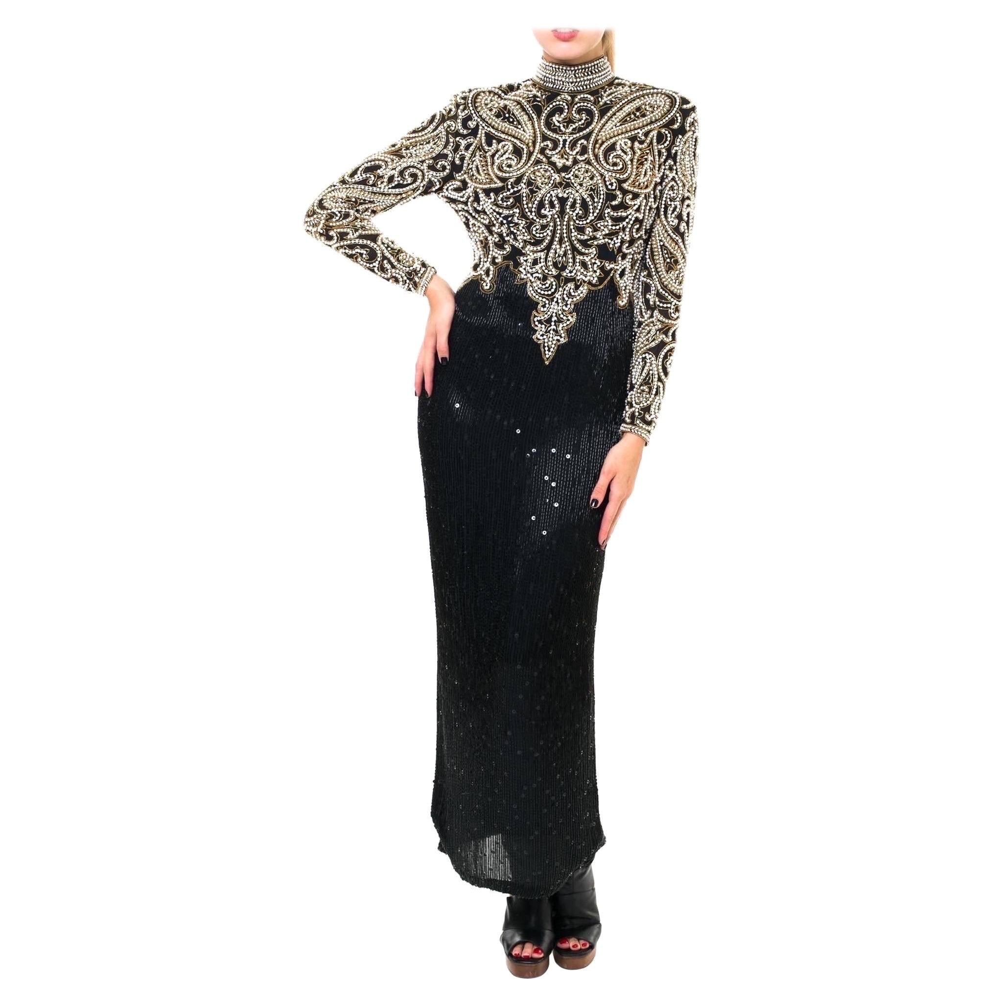 1980S NAEEM KHAN Black & Gold Beaded Silk Cut Out Back Long Sleeve Gown For Sale