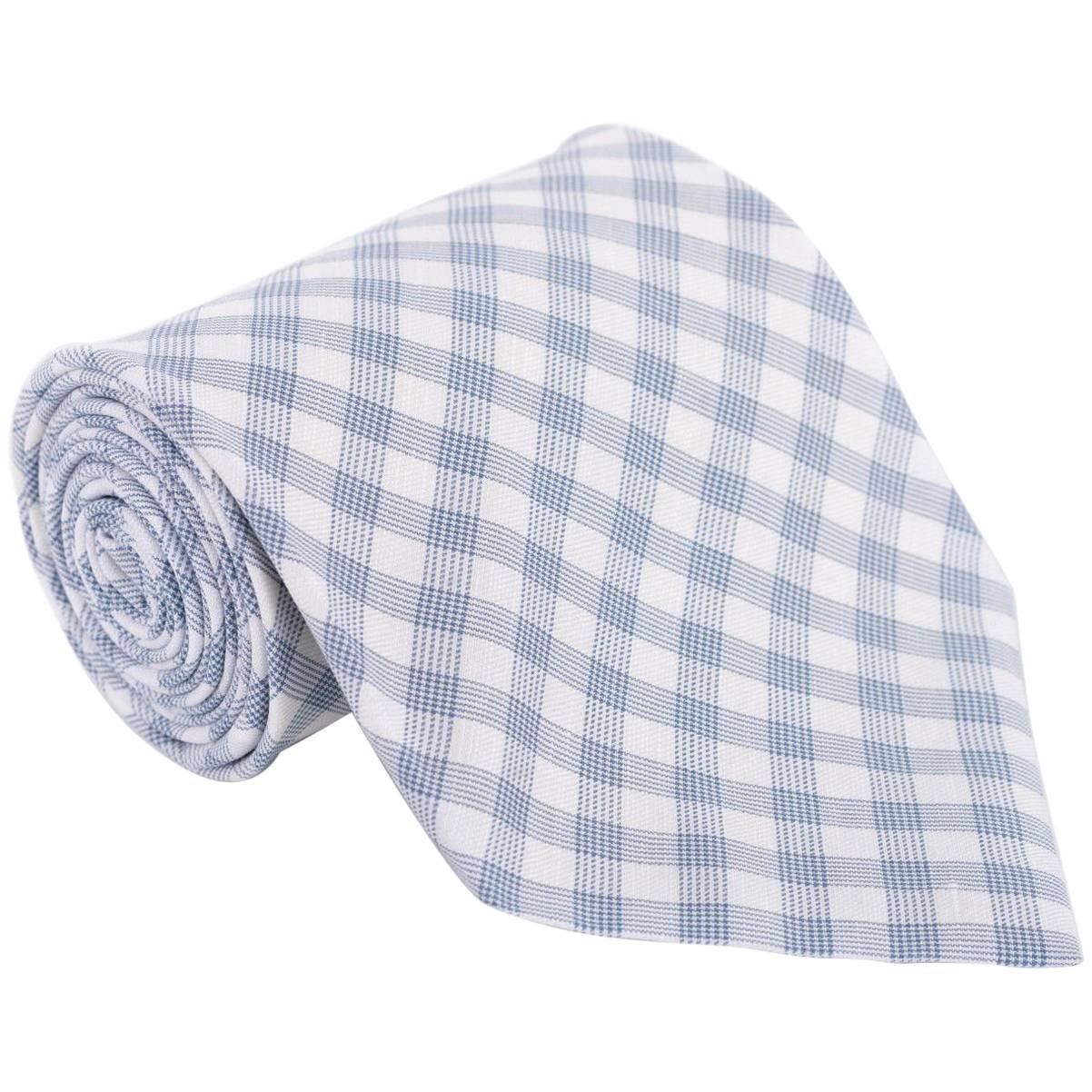 Tom Ford Mens Plaid Check Ivory Blue Cotton 4" Classic Tie  For Sale