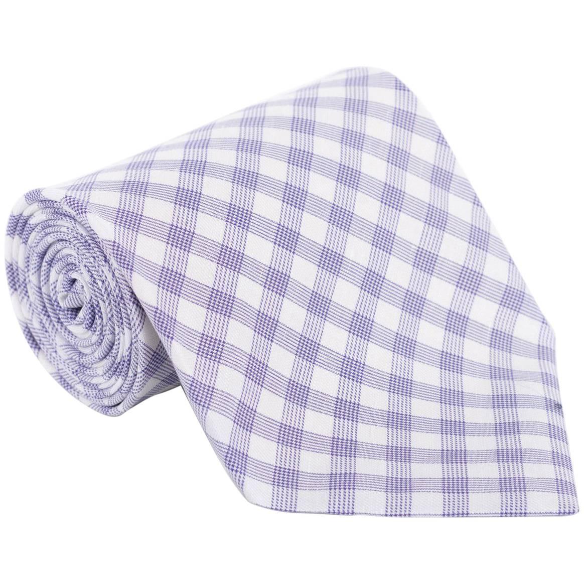 Tom Ford Mens Plaid Check Ivory Purple Cotton 4" Classic Tie For Sale