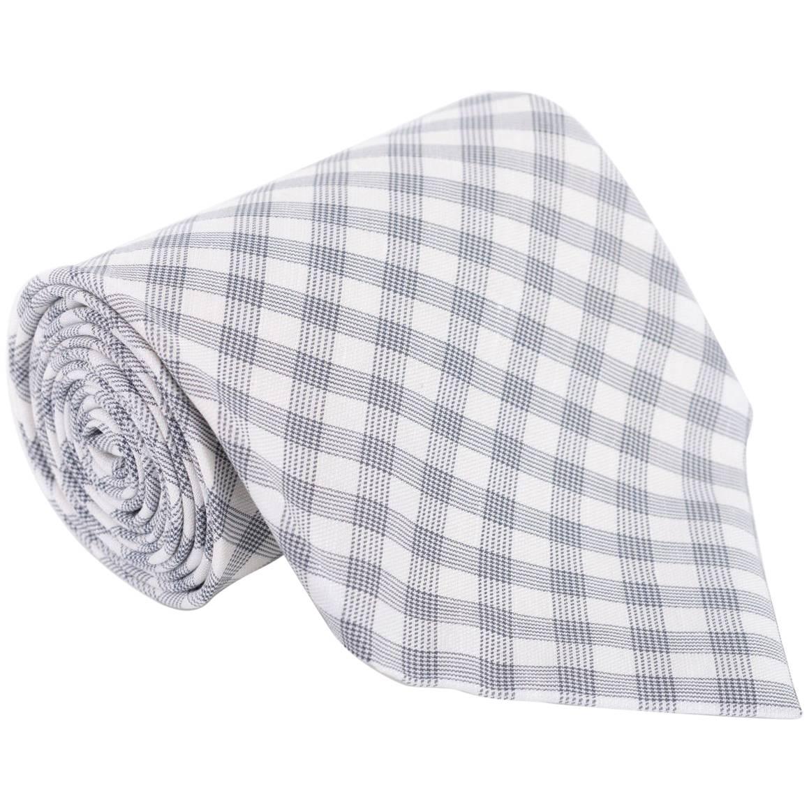 Tom Ford Mens Plaid Check Ivory Dark Grey Cotton 4" Classic Tie For Sale
