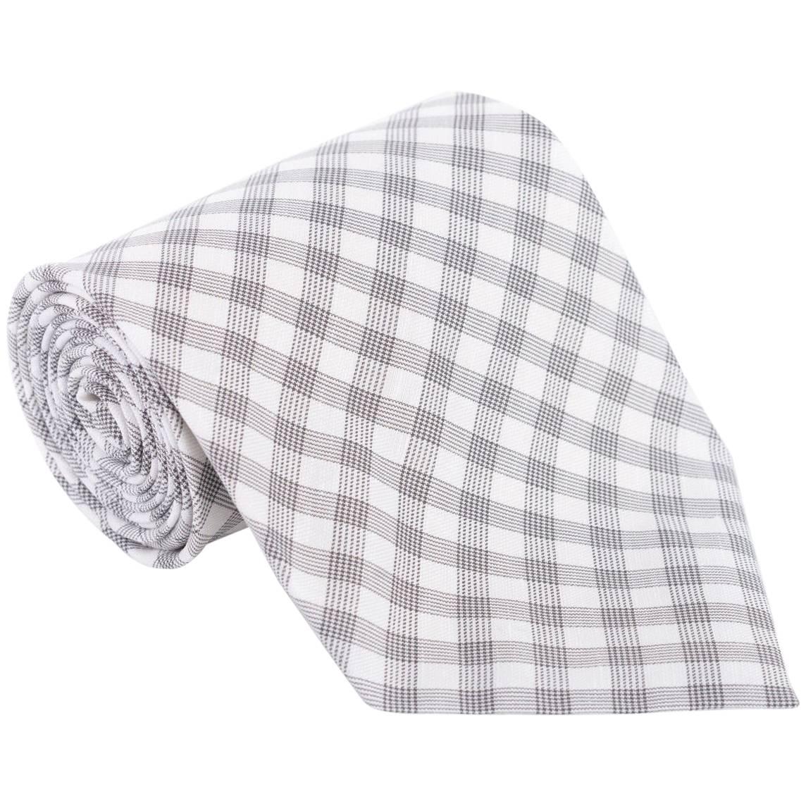 Tom Ford Mens Plaid Check Ivory Light Grey Cotton 4" Classic Tie For Sale