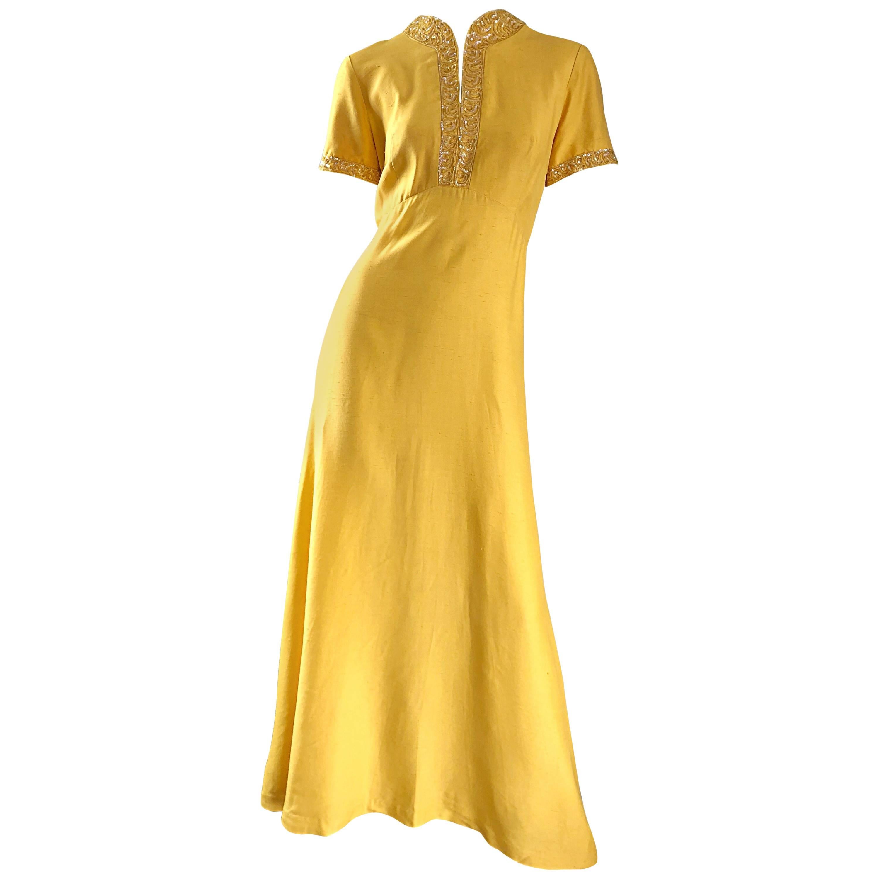 Beautiful 1970s Does 1940s Size 10 12 Canary Yellow Silk Sequin Maxi Dress Gown