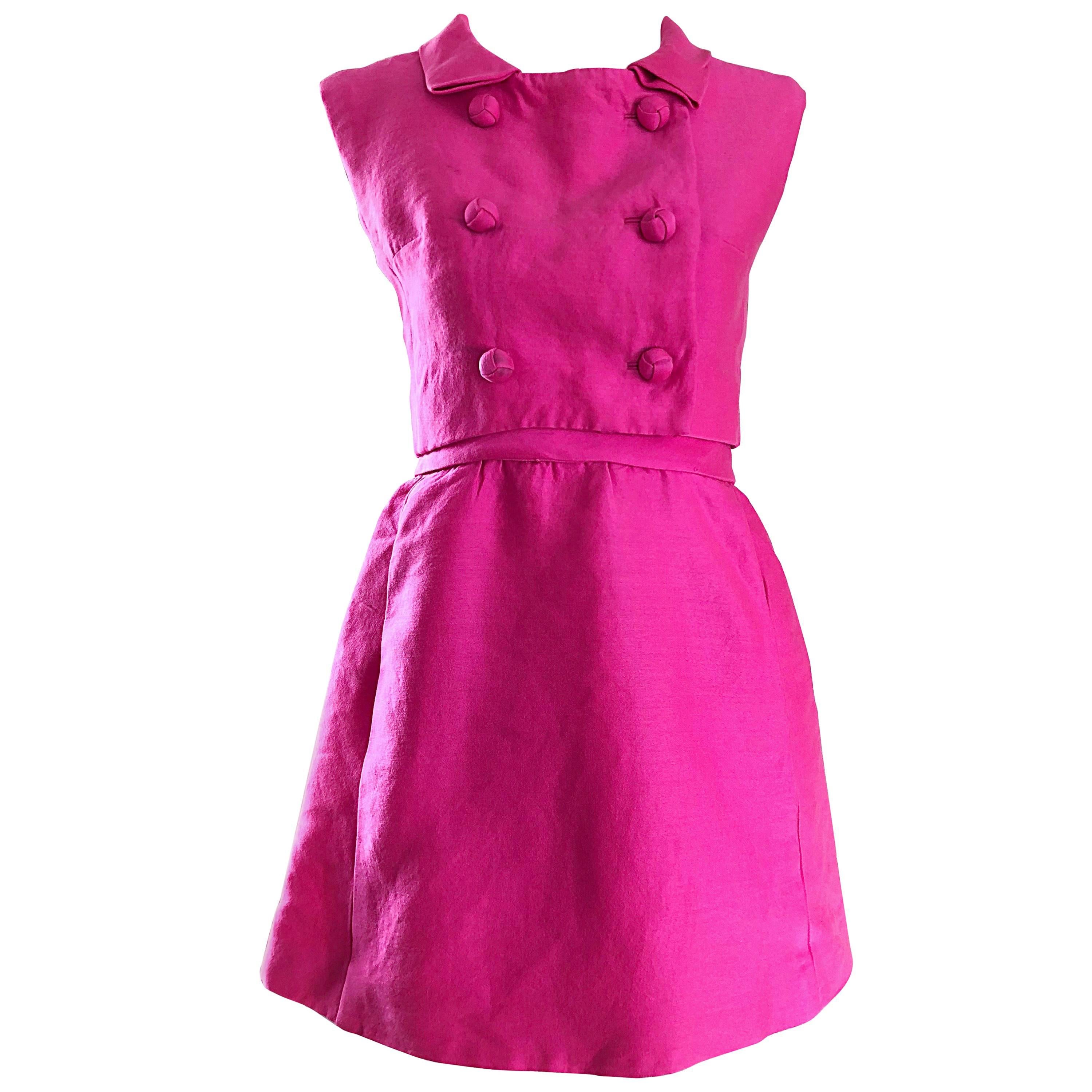 1960s B. Altman Bubblegum Pink Raw Silk Vintage 60s A - Line Dress + Crop Top