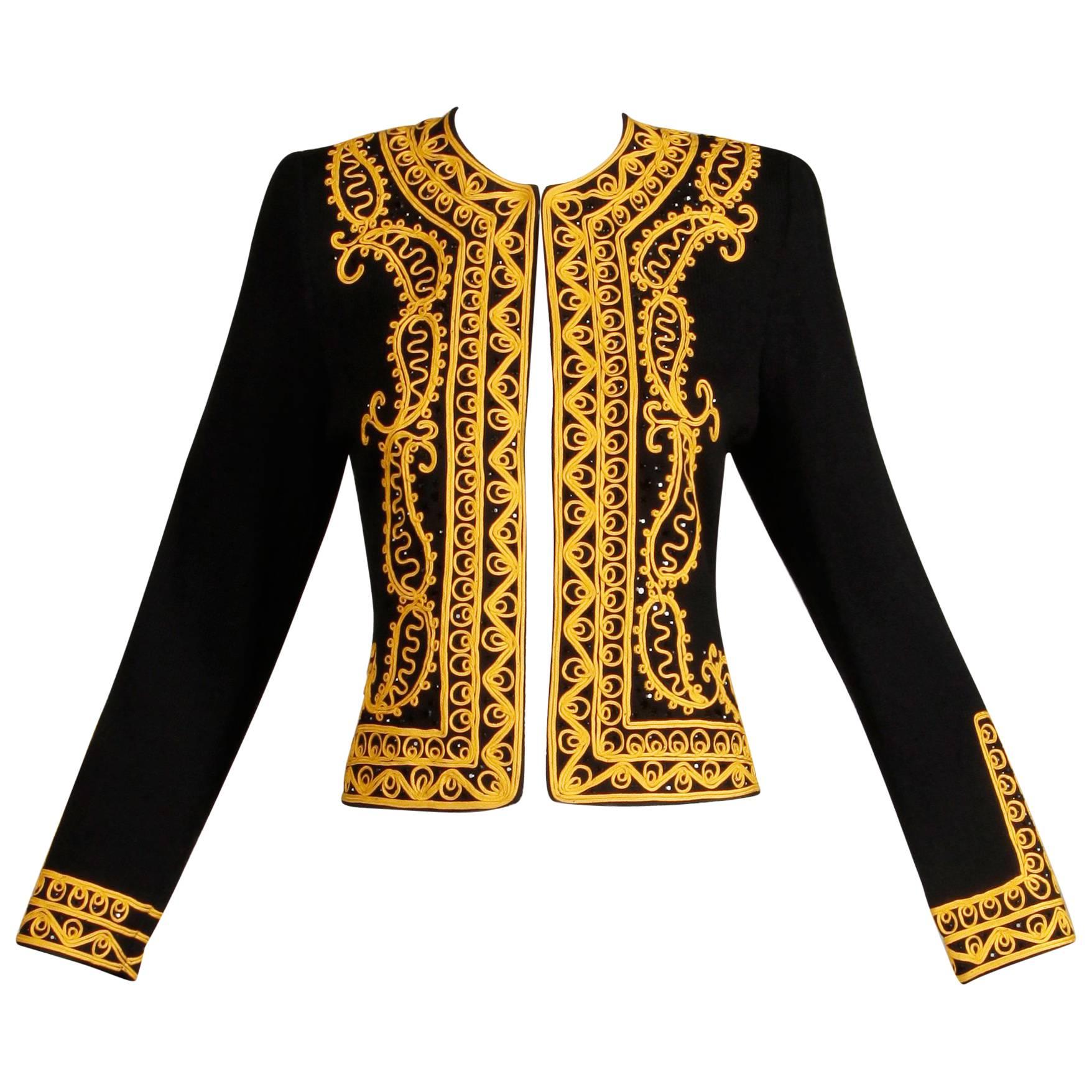 Adolfo Vintage Black Beaded Knit Cardigan Sweater Jacket with Gold Embroidery