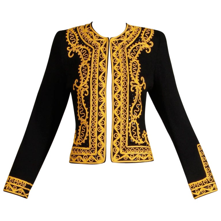 Adolfo Vintage Black Beaded Knit Cardigan Sweater Jacket with Gold