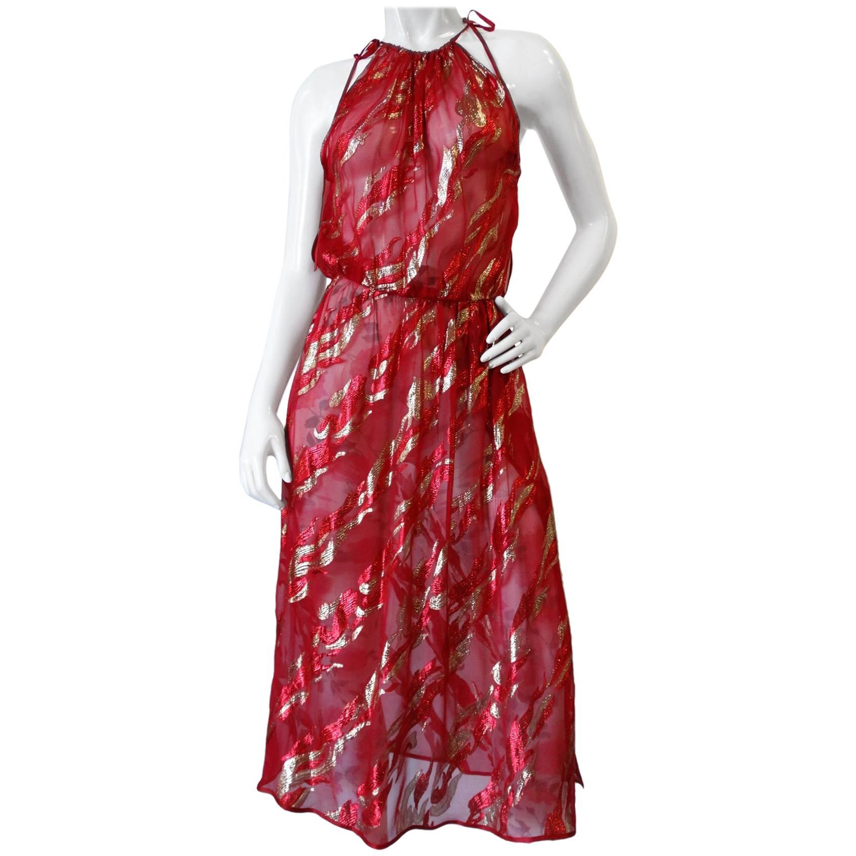 Saint Laurent Rive Gauche Red Sheer Printed Halter Dress, 1980s 