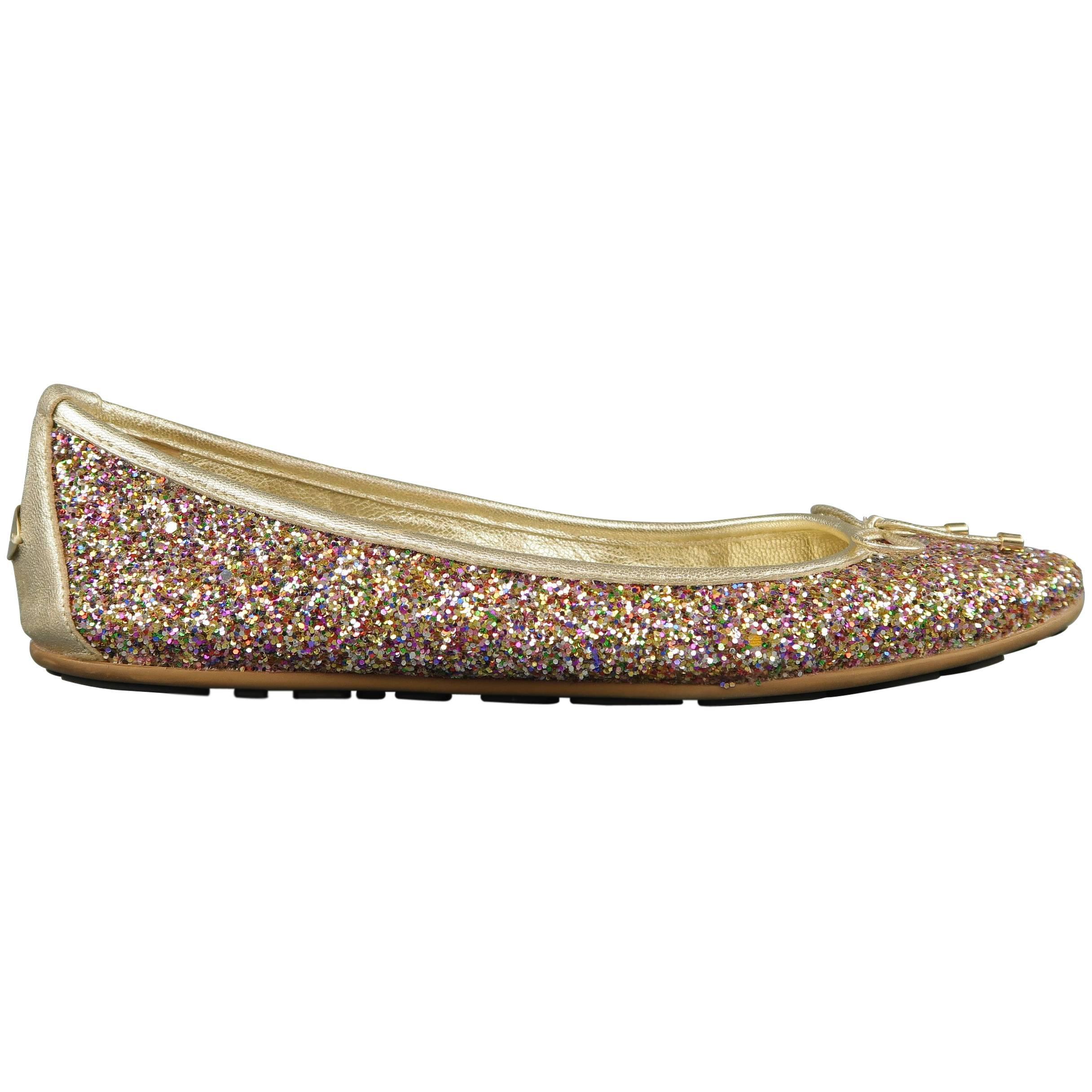 JIMMY CHOO Size 8 Gold Leather Multi Color Glitter Ballet Flats