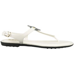 TOD'S Size 8 White & Silver Leather T- Strap Gomma Thong Sandals