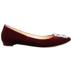 MANOLO BLAHNIK Size 7.5 Burgundy Velvet Hangisi Crystal Buckle Flats