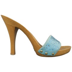 DOLCE & GABBANA Size 7 Blue Rhinestone Suede Wooden Platform Mule Sandals