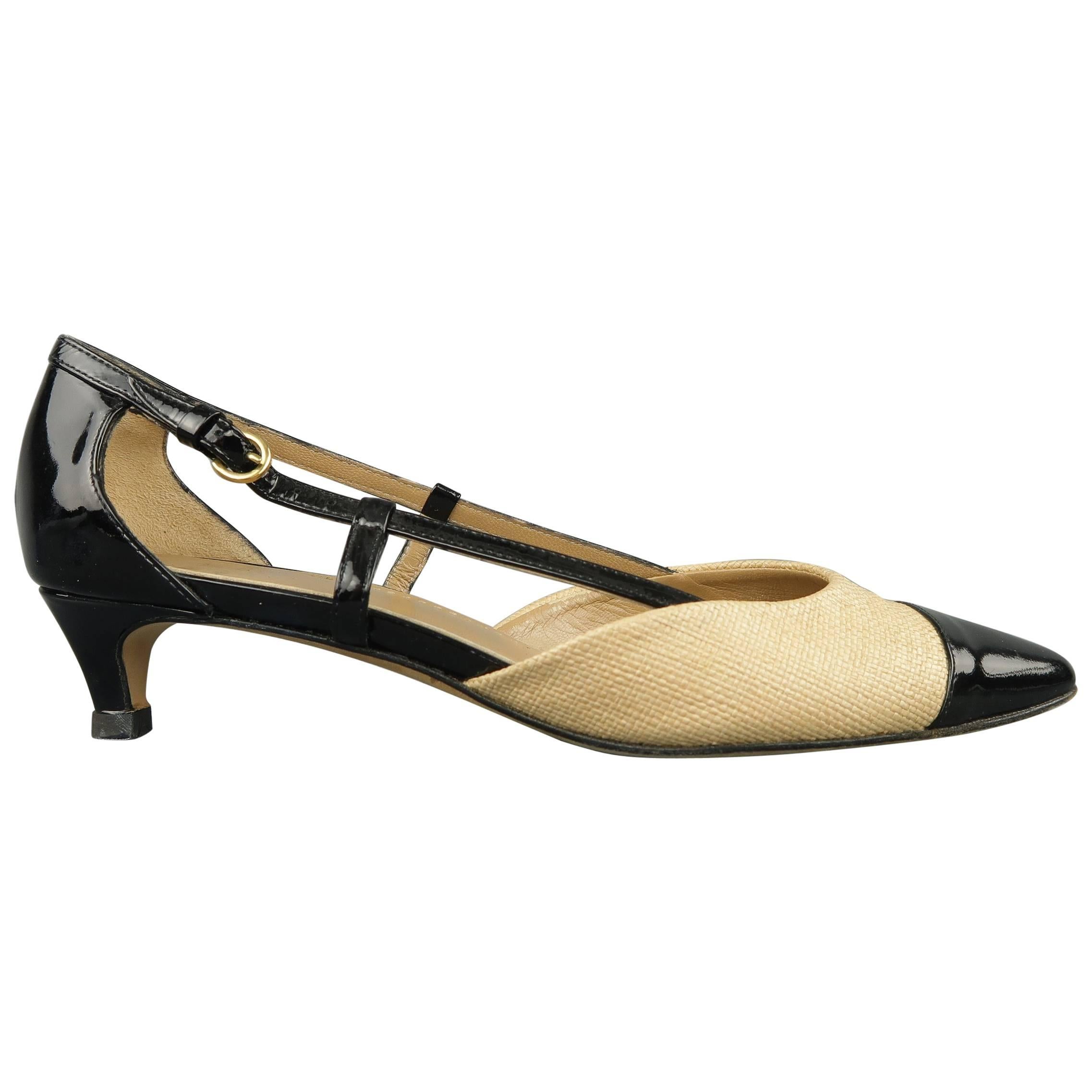 MOSCHINO Size 7 Beige Woven Fabric & Black Patent Leather Pumps