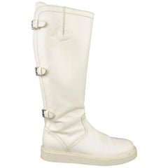 Ann Demeulemeester Men's White Leather Strap Back Knee High Boots
