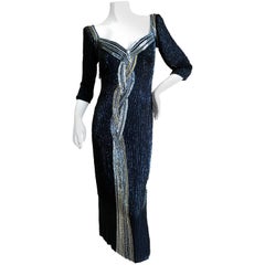 Bob Mackie Black Bugle Beaded Waterfall Evening Dress