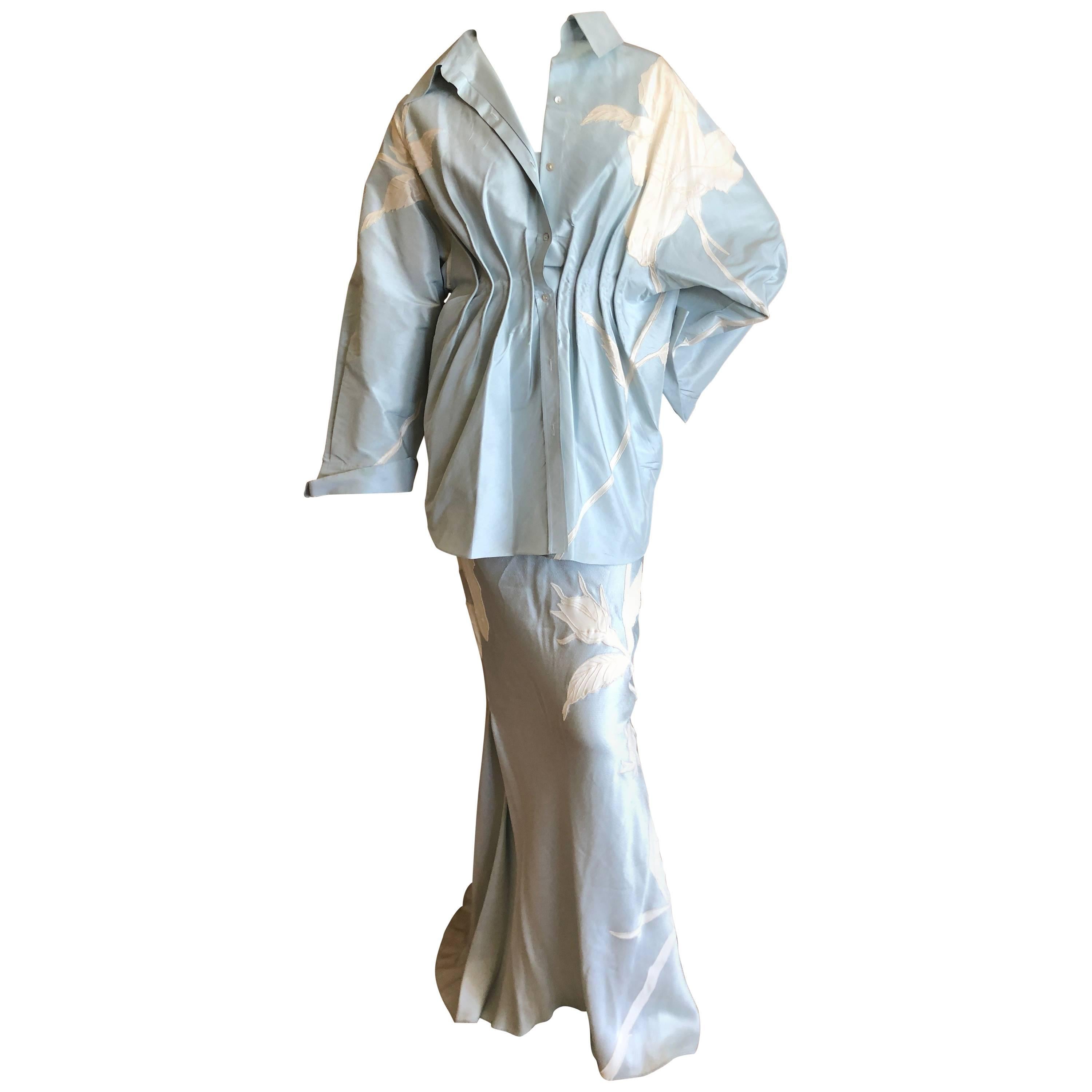 John Galliano Three Piece Full Length White Flower Applique Skirt Suit, 1990s For Sale