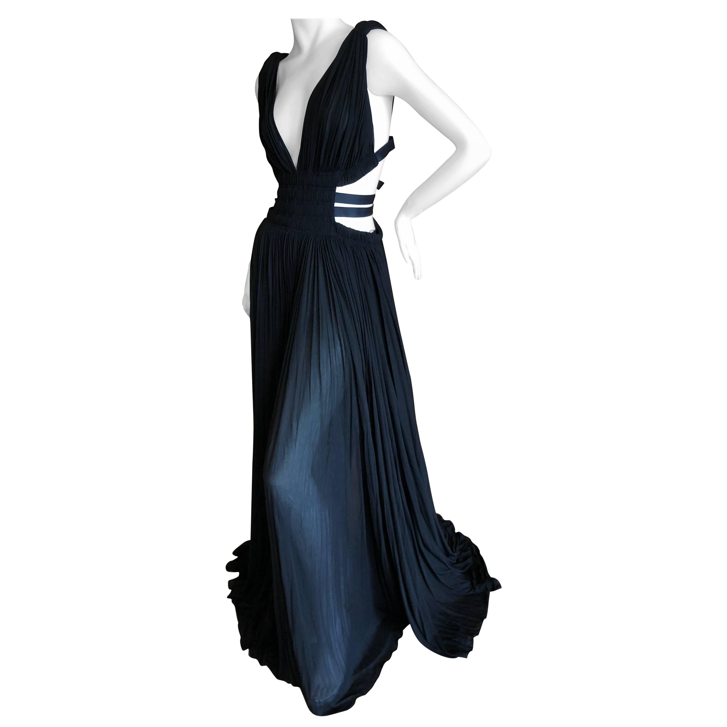Azzedine Alaia Vintage Black Pleated Goddess Gown with Side Straps, Autumn 1991  For Sale
