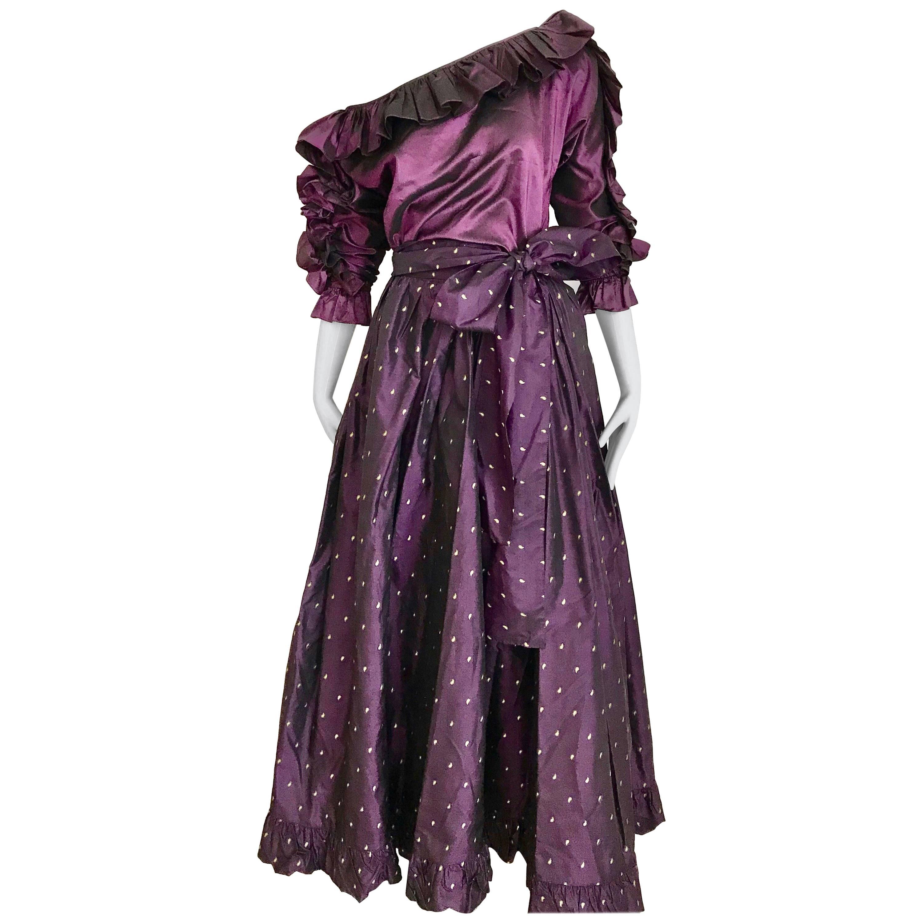 Saint Laurent Rive Gauche Purple Silk Blouse and Maxi Skirt Ensemble, 1990s 