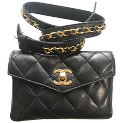 Retro CHANEL black lamb waist bag, fanny pack with golden chain belt & CC.