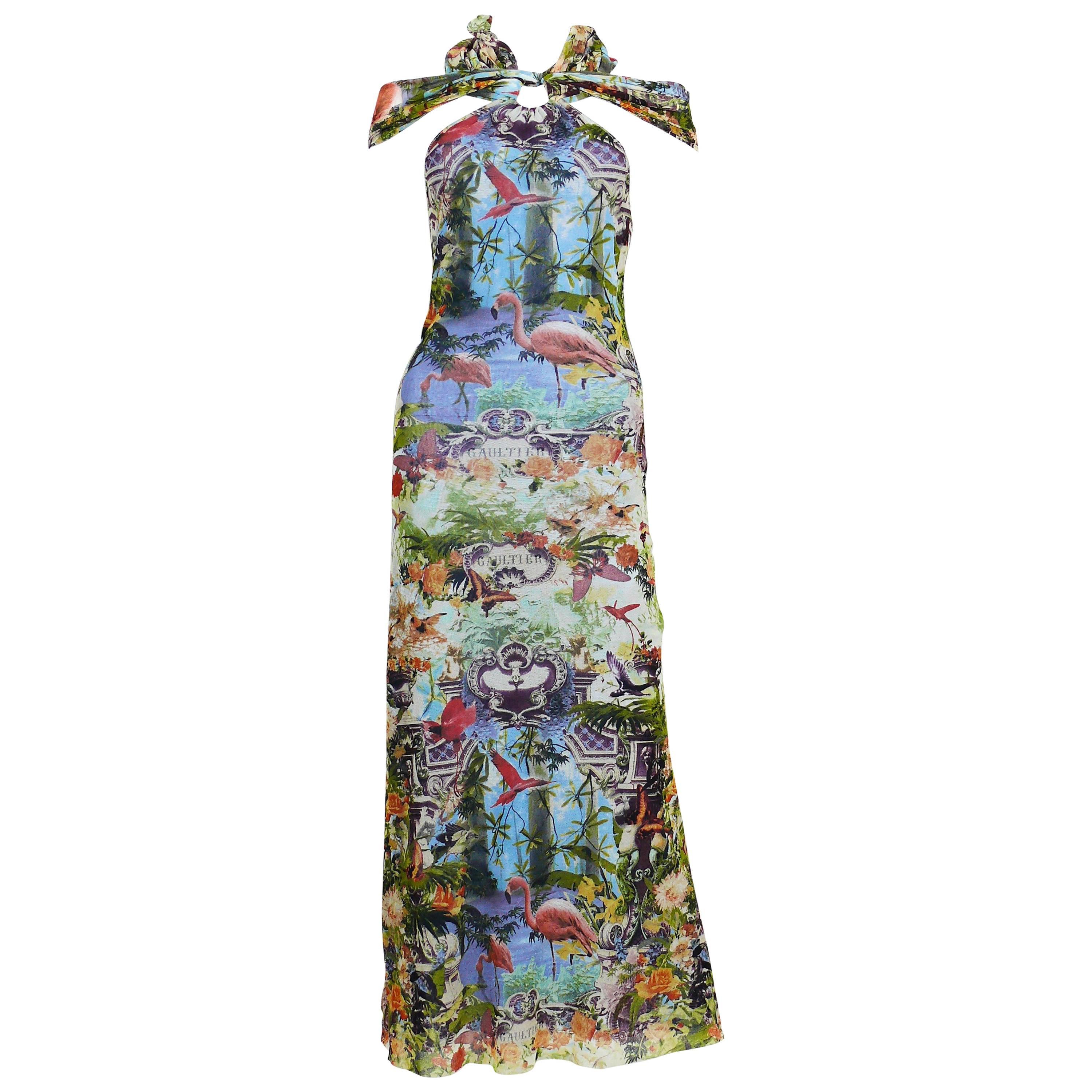 Jean Paul Gaultier Vintage Tropical Print Sheer Halter Dress 