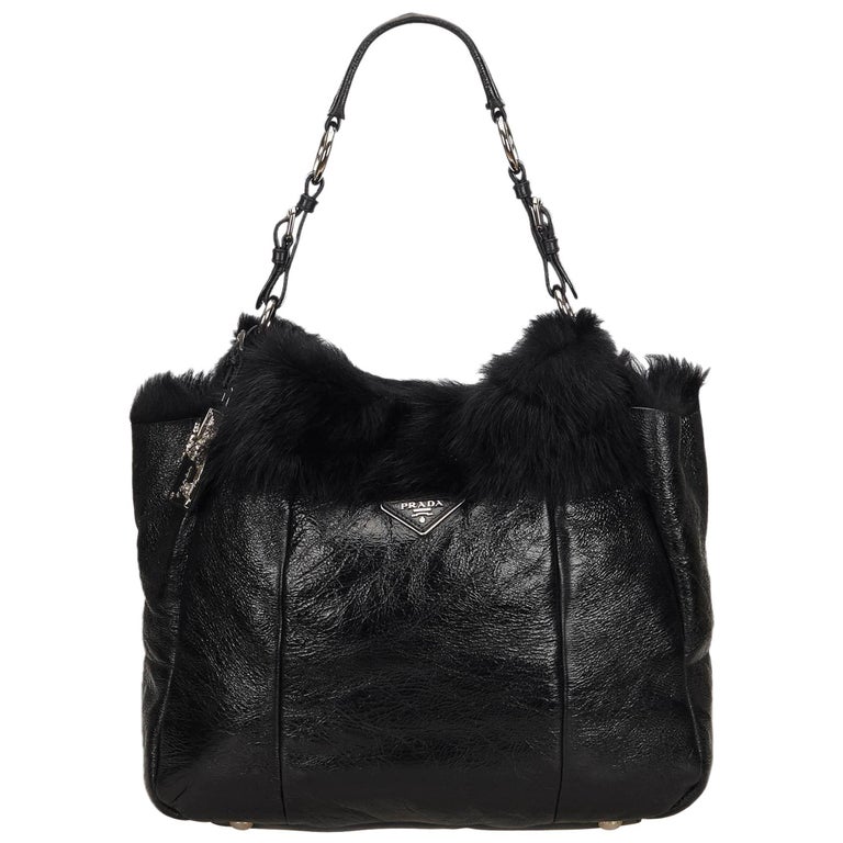 Prada Black Leather with Fur Shoulder Bag at 1stDibs
