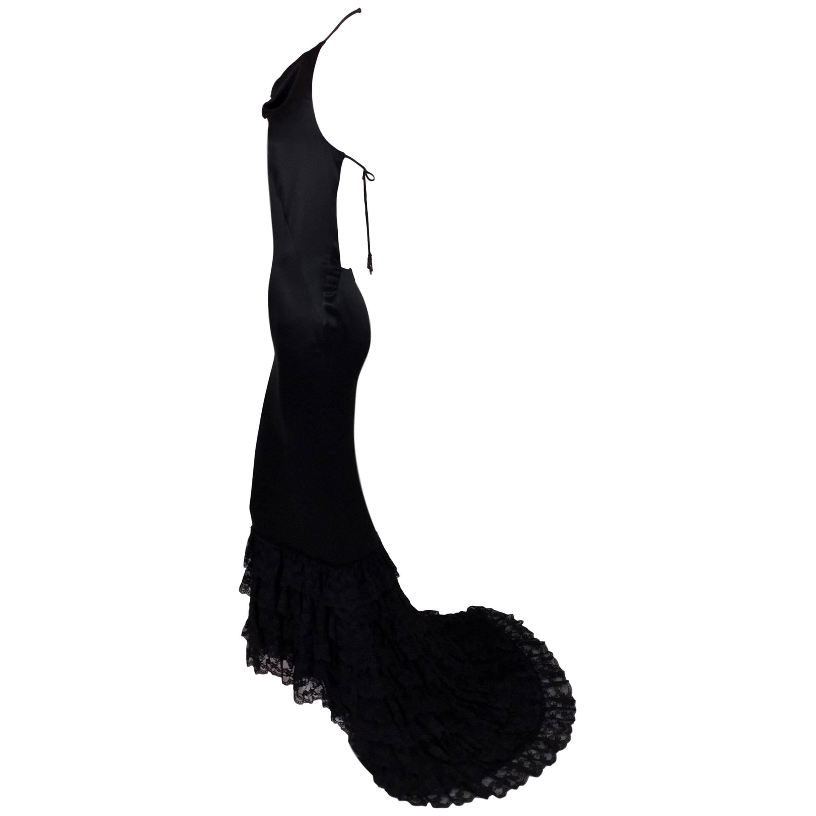 Alexander McQueen Long Black Lace Flamenco Silk Gown Dress, S / S 2002 