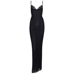 Dolce & Gabbana Long Black Sheer Silk Lace Plunging Gown Dress, circa 2003